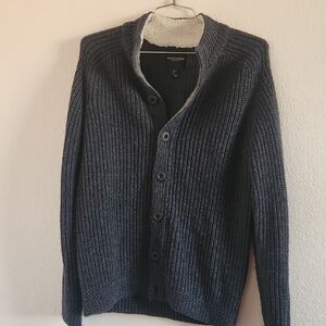 Men's Dark Navy Ribbed Button Cardigan with Contrast Collar